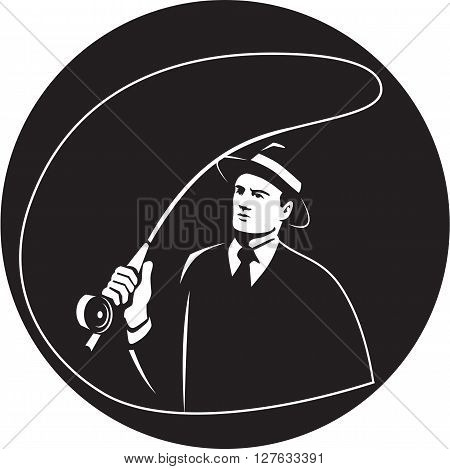 Illustration of a mobster gangster fly fisherman wearing suit tie and hat fishing casting fly rod set inside circle on isolated background done in retro style.