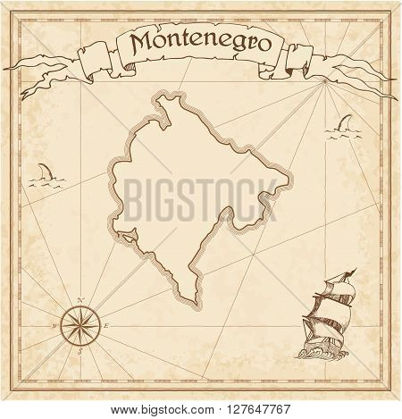 Montenegro Old Treasure Map. Sepia Engraved Template Of Pirate Map. Stylized Pirate Map On Vintage P