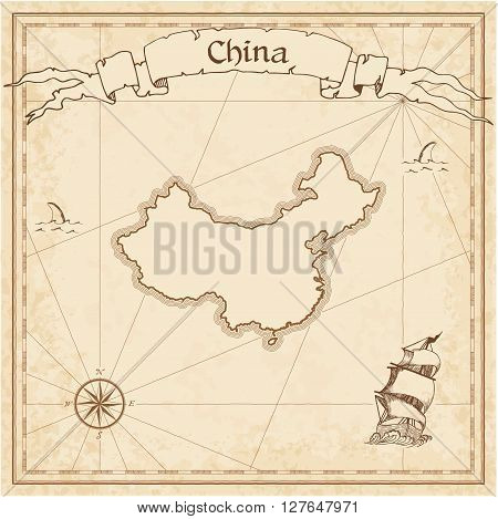 China Old Treasure Map. Sepia Engraved Template Of Pirate Map. Stylized Pirate Map On Vintage Paper.