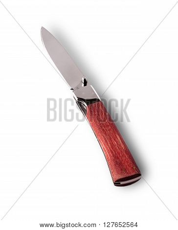 folding knife with wooden handle cut out on white background