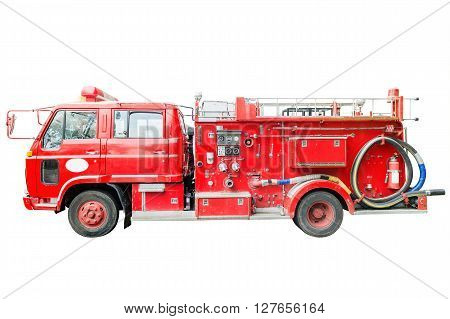 dirt old fire truck and close up equipments. Isolated on white.