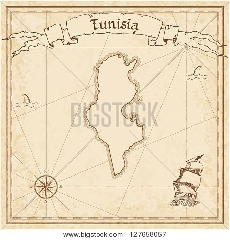 Tunisia Old Treasure Map. Sepia Engraved Template Of Pirate Map. Stylized Pirate Map On Vintage Pape