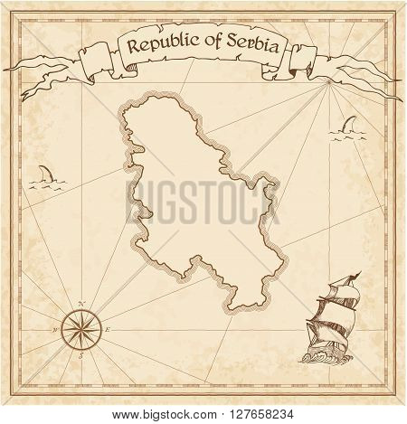 Serbia Old Treasure Map. Sepia Engraved Template Of Pirate Map. Stylized Pirate Map On Vintage Paper
