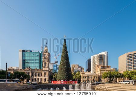 Adelaide Australia - January 3 2016: Christmas Tree installed at Victoria Square in Adelaide CBD. Victoria Square is the main meeting point for Adelaideans on the New Year's Eve