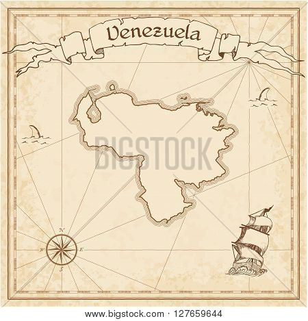 Venezuela, Bolivarian Republic Of Old Treasure Map. Sepia Engraved Template Of Pirate Map. Stylized