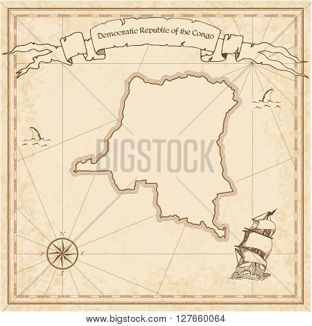 Congo, The Democratic Republic Of The Old Treasure Map. Sepia Engraved Template Of Pirate Map. Styli