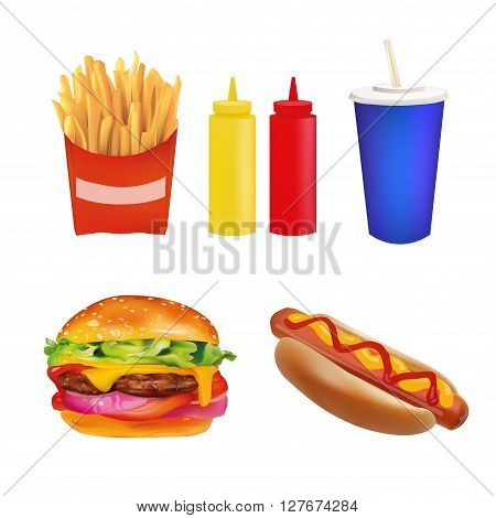 Vector Realistic fast Food Set. Burger Beverage Coffee French Fries Hot Dog Ketchup Mustard. Isolated On White background Icons