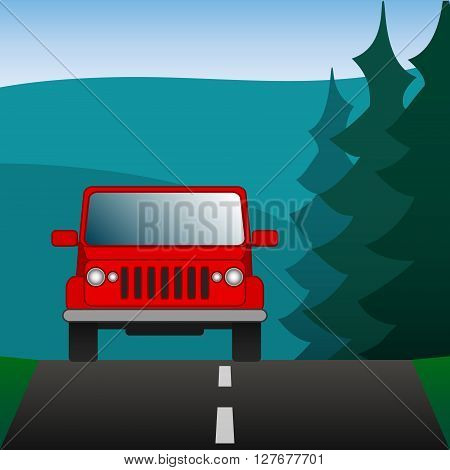 Red car SUV driving on a forest road. Sport utility vehicle on the background of nature. Vector Image.