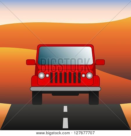 Red car on the road SUV rides through the desert. Sport utility vehicle on the background of desert landscape. Vector Image.