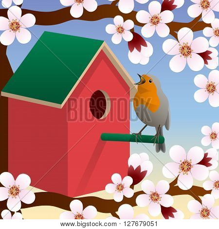 The bird near birdhouse. Blossoming spring tree. Spring. Vector Image.