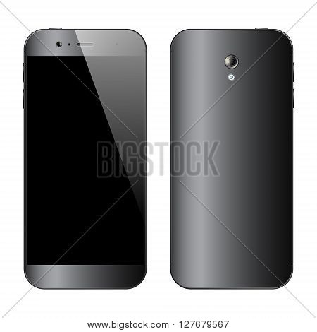 Smartphone black isolated on white background. Smart phone front and back view. Mobile phone mockup design. Vector illustration.