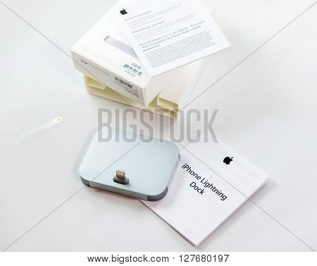 PARIS FRANCE - APR 21 2016: Unboxing o fthe new Apple Docking Station for the iPhone SE and iPhone 6S