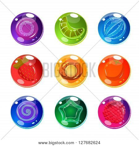 Transparent Balls With Things In The Core Set Of Flat Brightly Coloured Vector Design Cute Icons Isolated On White Background