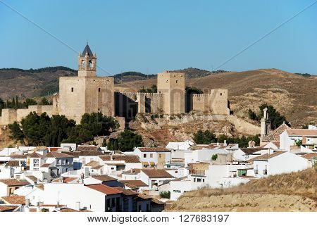 View of the castle fortress with townhouses in the foreground Antequera Malaga Province Andalucia Spain Western Europe.