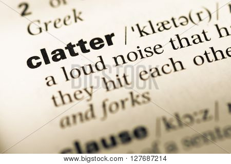 Close Up Of Old English Dictionary Page With Word Clatter.