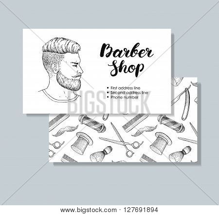 Vector vintage hand drawn Barber Shop business cards. Detailed illustrations. Hipster man with beard mustage scissors ribbon whisker and lettering styled text.