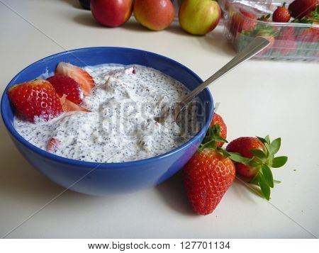 Bowl Of A Yoghurt With Strawberries