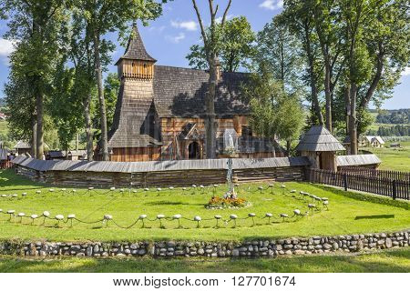 DEBNO, POLAND - : Wooden gothic church in Debno, inscribed on the UNESCO list on August 25, 2010 in Debno.