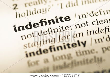 Close Up Of Old English Dictionary Page With Word Indefinite.