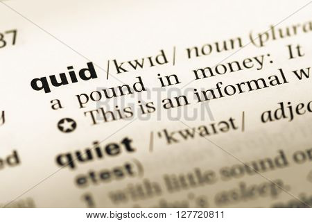 Close Up Of Old English Dictionary Page With Word Quid.