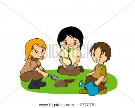 Kids Planting Tree - Vector