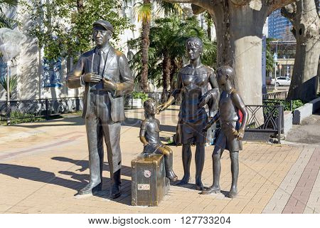 Sochi, Russia - February 9, 2016: The monument to the heroes of the Comedy directed by Leonid Gaidai The Diamond Arm, mounted in Sochi near the building of the marine station.