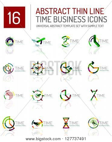 Geometric clock and time icon logo set. Thin line geometric flat style symbols or logotypes. Business time management, running time idea, timing concept