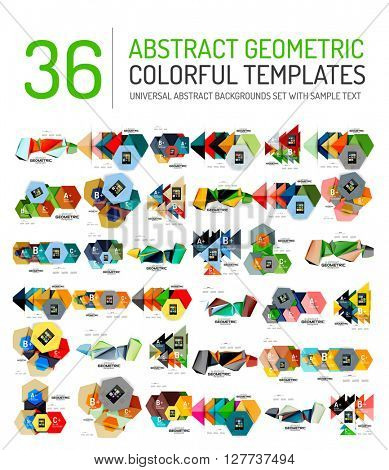 Collection of abstract backgrounds - colorful textured glossy geometric shape compositions with infographics option sample text, repetition of elements. Colorful geometric universal template, bright