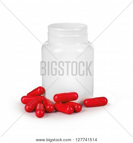 Red pills and pill bottle on a white background