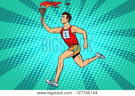 The man athlete torchbearer sports fire. Torch relay. Summer sports games. Vector athlete. pop art retro style