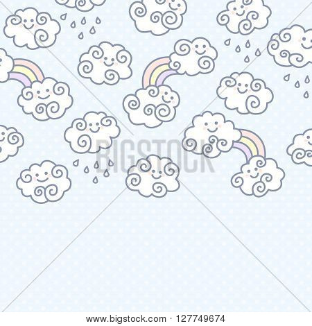 Funny cartoon clouds background with space for your text design. Blue color. Vector illustration