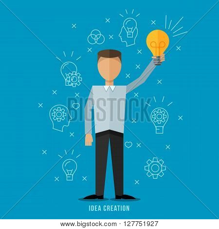 Idea creation concept illustration .Flat style man character . Line flat icons set .