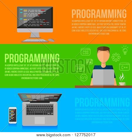 Programmer working place . Vector programmer gadgets , .horizontal flat style colorful banners set . Programming flat infographic . Lineart icons
