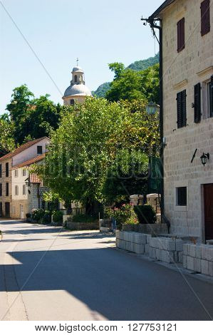 The central street in town of Prcanj, Montenegro