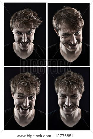 collection of crazy young man emotions on a black background