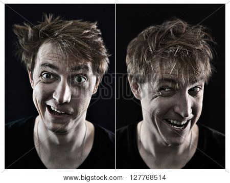 collection of crazy young man emotions on a black background