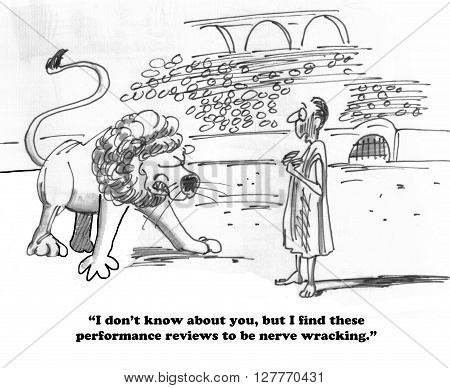 Business cartoon about a nerve wracking performance review.
