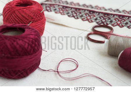 Fragment of embroidery on linen and accessories
** Note: Shallow depth of field