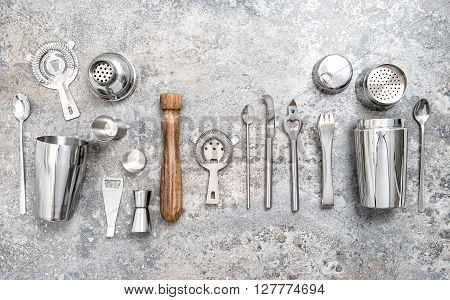 Bar tools for making cocktail. Shaker jigger strainer spoon. Food and beverages