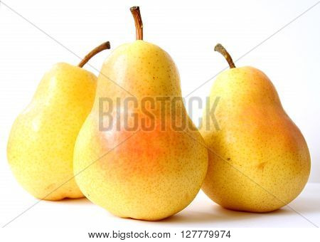 Group of three yellow pears, isolated on white background.