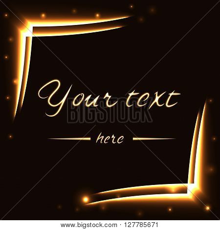 Gold frame tracing effect. Glowing fire trace square. Sparkle trail on black background. Glitter line. Flying sparkling flash lights. Modern graphic design for banner logo card. Vector illustration.