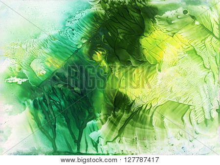 Abstract green and yellow watercolor background. Monotype effect. Colorful texture for your design.