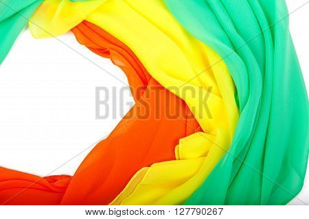 Three female bright colored scarf on a white background