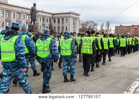 SAMARA RUSSIA - APRIL 24 2016: Platoon of russian helper police. Voluntary National Teams in uniform