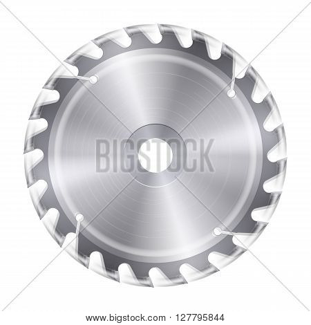 Rotating metal blade of circular saw on white background
