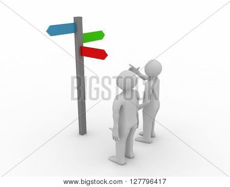Signpost With 3D Characters Showing Travelling Or Guidance