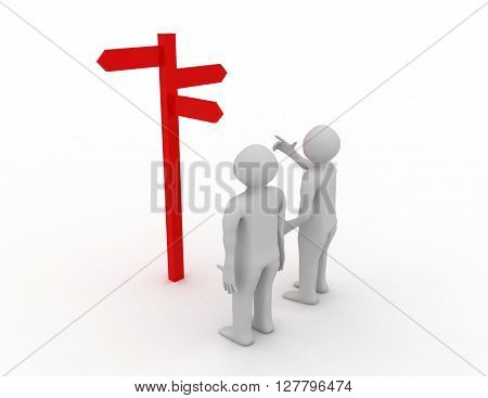 Signpost With 3D Characters Showing Travelling Or Guidance