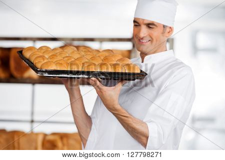 Baker Carrying Fresh Breads In Tray