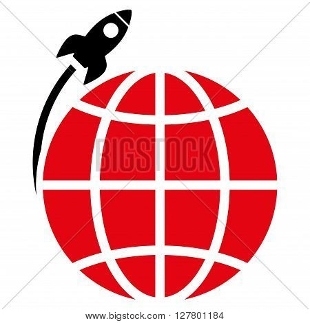 Planet Satellite Launch vector icon. Style is bicolor flat icon symbol, intensive red and black colors, white background.