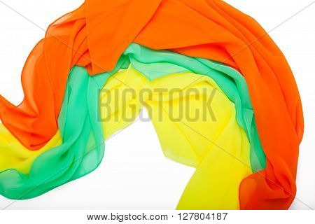 Three female bright colored scarf on a white background